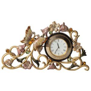 Vintage Enamel Butterfly Desk Clock Rhinestone Floral Vanity Quartz Not Working